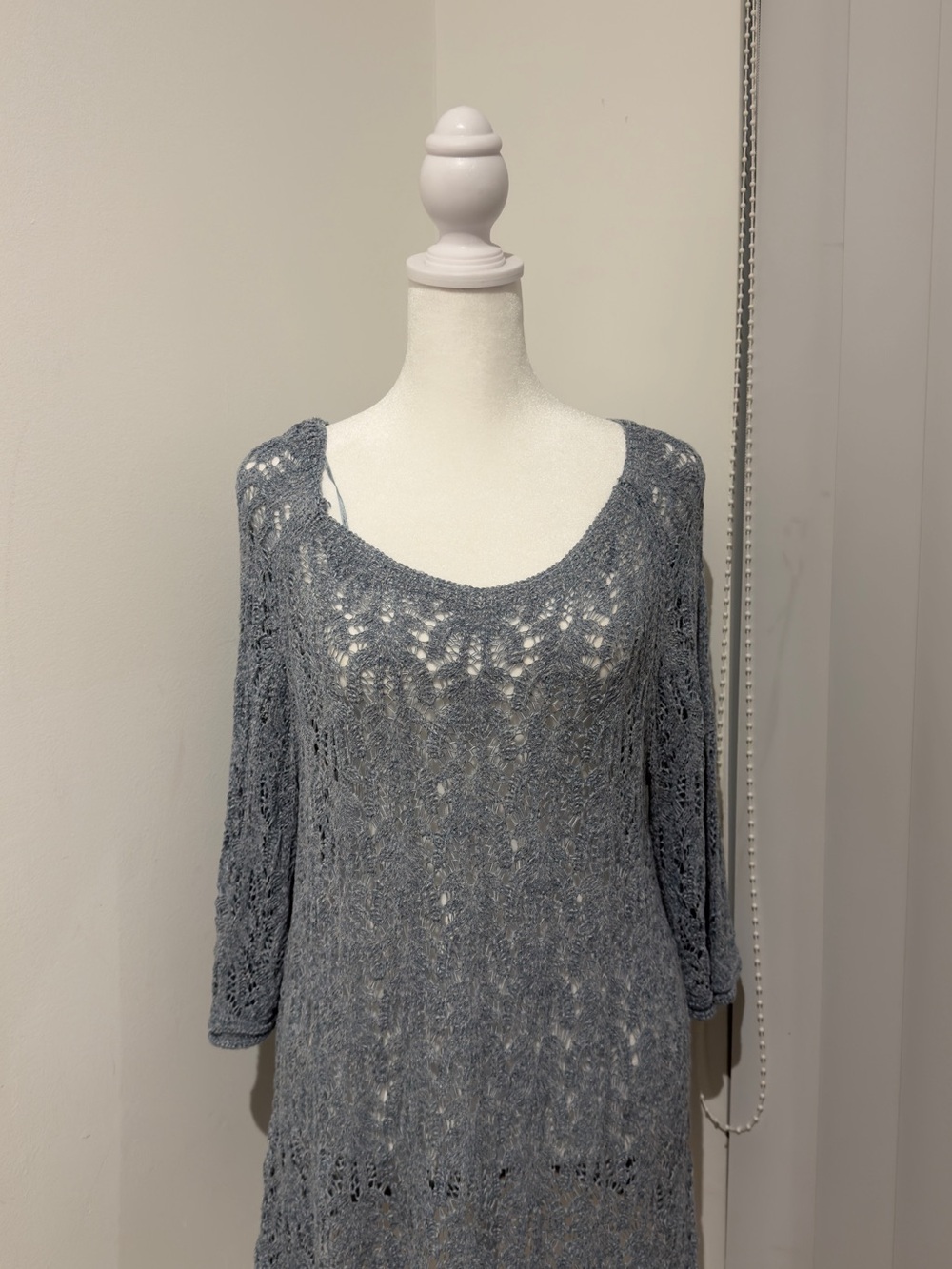 Light Gray/Blue Open-Knit Scoop-Neck Tunic Top - Picture 2 of 4